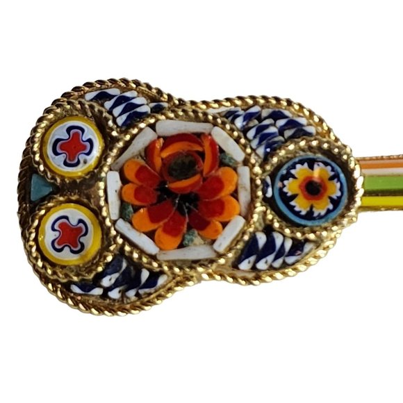 Vintage Italian Micro Mosaic Millefiori Glass Guitar Brooch Pin Flower - Picture 7 of 14